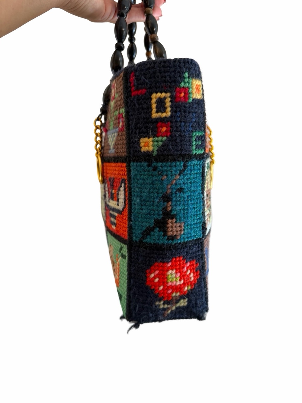 Vintage Needlepoint Patchwork Beaded Handle Handbag Floral Cottagecore - Picture 3 of 8
